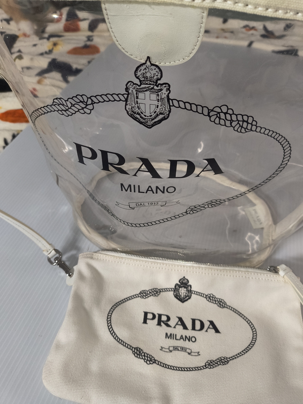 Authentic Prada Canapa Plex Clear Tote Bag with Matching Canvas Pouch